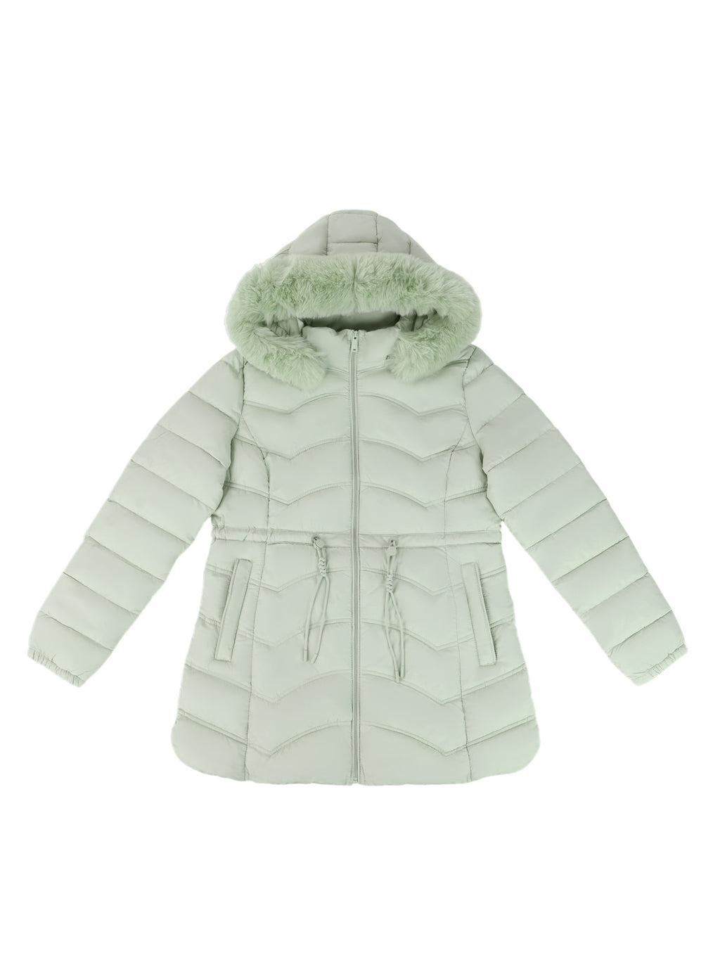 Women's Coat With Detachable Fur-trimmed Hood And A Cinched Waist For A Slimming Fit