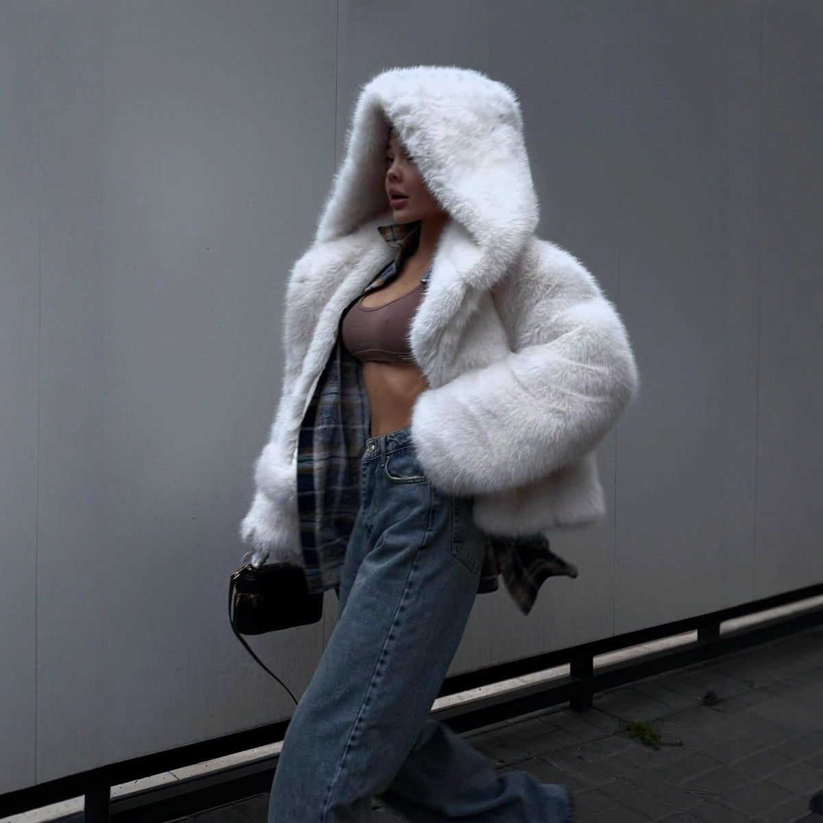 Hooded Faux Fur Coat With Fox Fur Trim