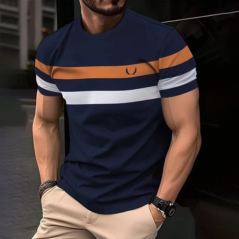 Geometric Contrasting Striped 3D Printed Mens Loose  Breathable Crew Neck T Shirt