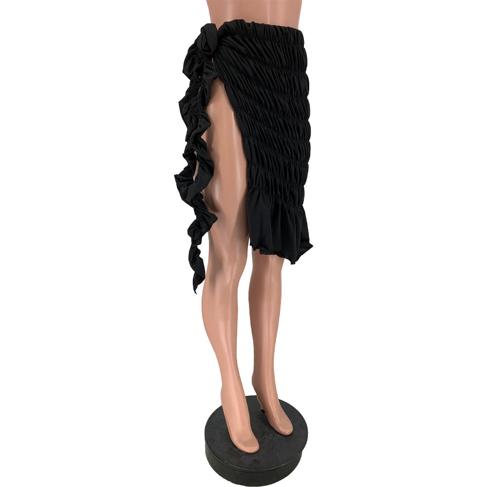 Solid Pleated Split Skirt Women