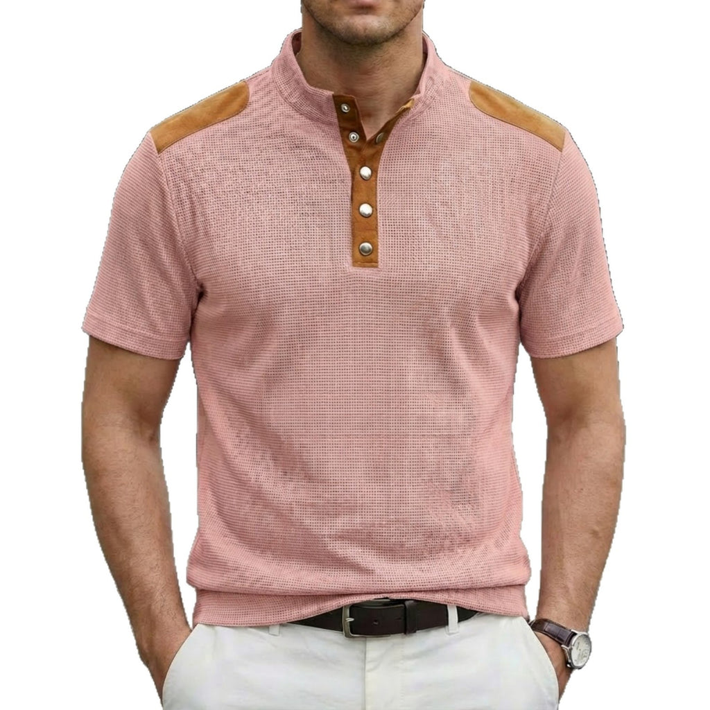Casual Breathable Buttoned Stand Collar Color-Block Short-Sleeve Mens T-Shirt