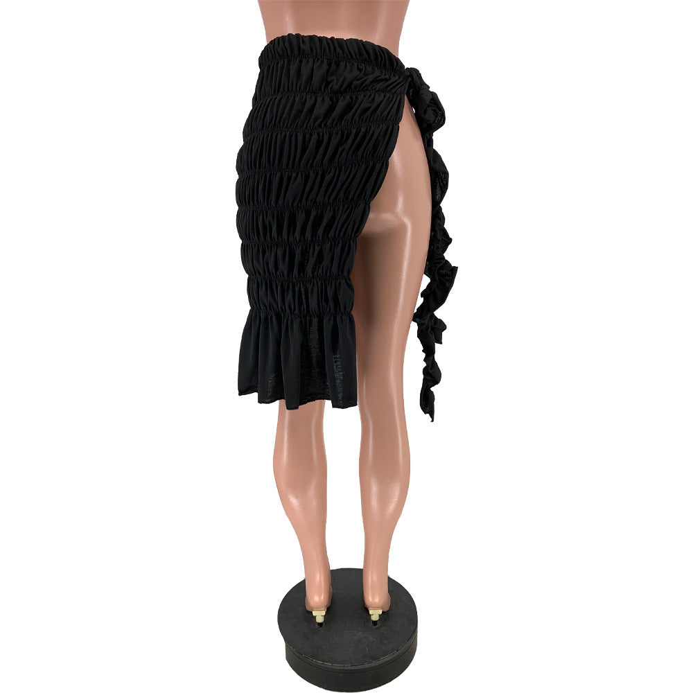Solid Pleated Split Skirt Women