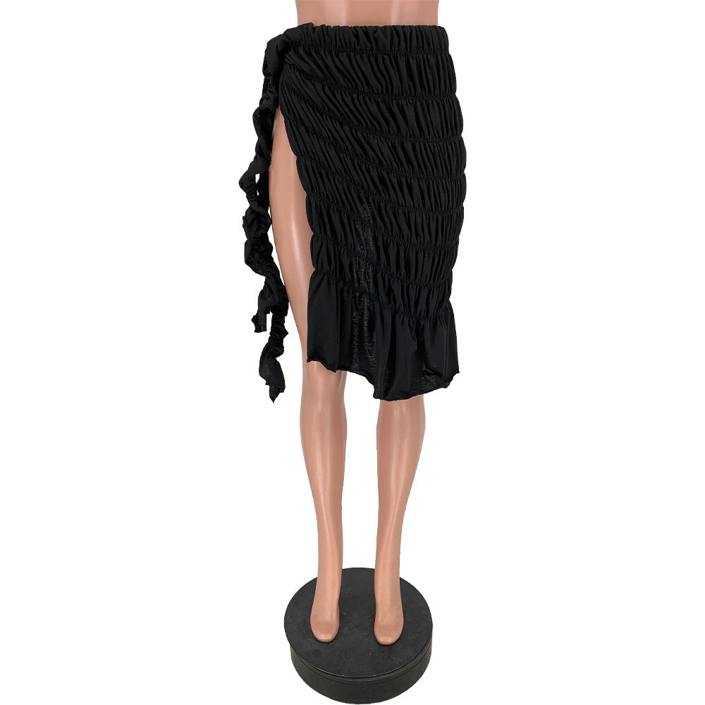 Solid Pleated Split Skirt Women