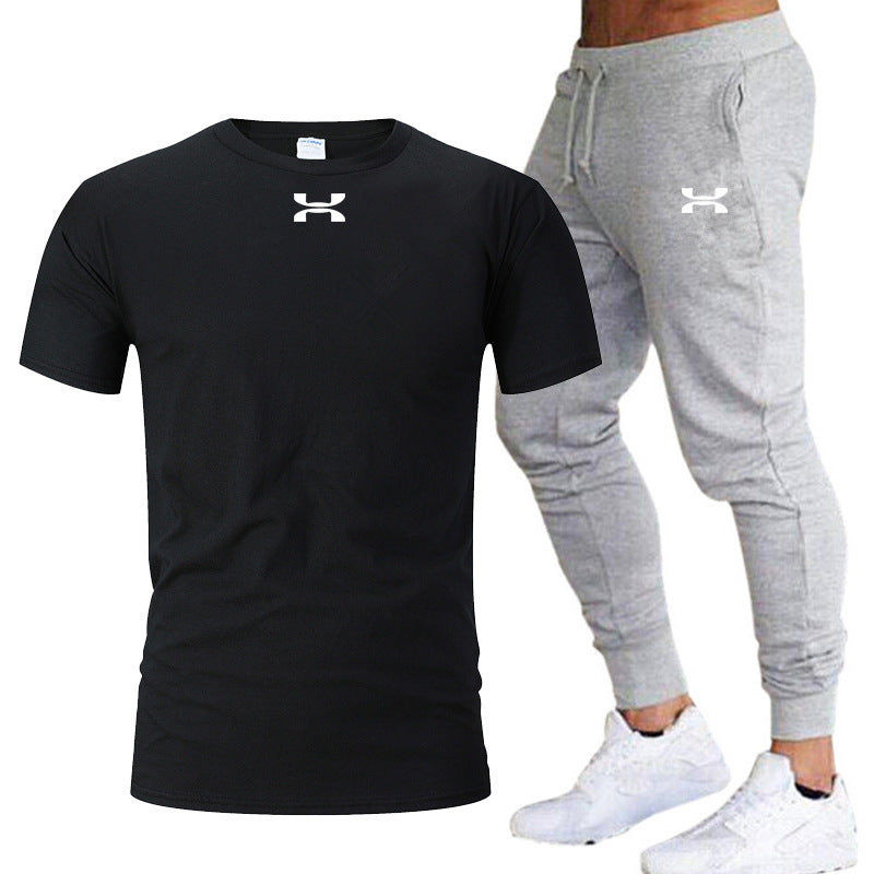 Men's Sports Suit Cotton Short-sleeved Jogging Pants Suit